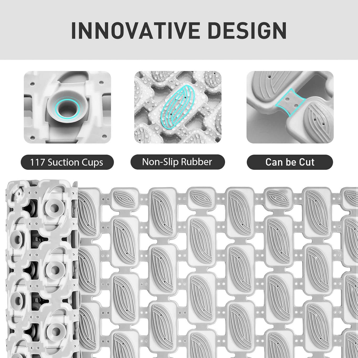 Shower Mat Non Slip Bathtub Mat - 27 x 16 Inch Eco-Friendly Soft Bath Mat for Tub Non Slip Shower Mats for Inside Shower with Suction Cups and Drain Holes, Easy to Clean Quick-Drying, Grey