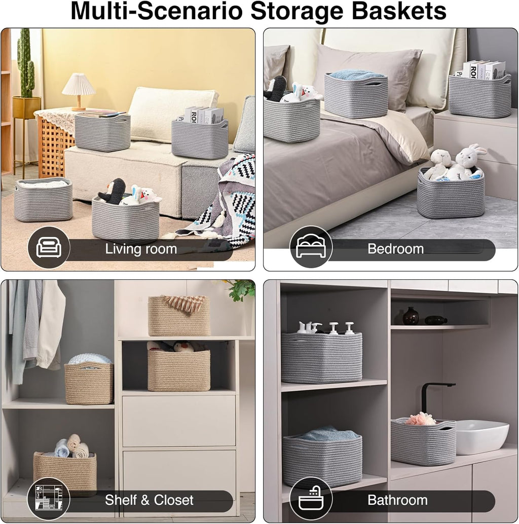 Small Storage Baskets for Shelves Organizing, Woven Cotton Rope Baskets for Storage, Book Basket, Decorative Shelf Basket, 12.5"Lx9.1''Wx7.9''H (4 Packs) Grey