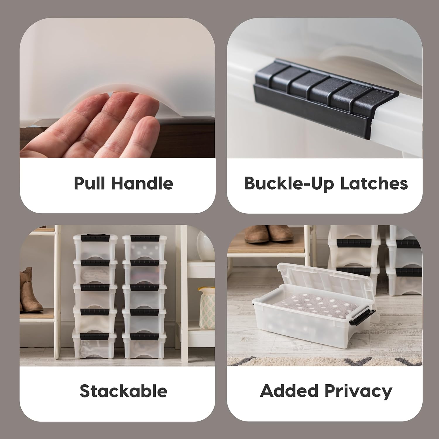 IRIS USA 6 Qt Stackable Plastic Storage Bins with Lids, 10 Pack - BPA-Free, Made in USA - Discreet Organizing Solution, Latches, Durable Nestable Containers, Secure Pull Handle - Pearl