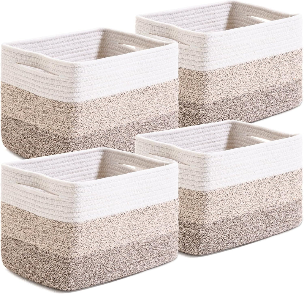 Small Storage Baskets for Organizing Shelves, Woven Cotton Rope Basket for Storage, Cute Rectangular Book Toy Baskets, 12.7"×9.1"×7.9", 4 Packs, Gradient Brown