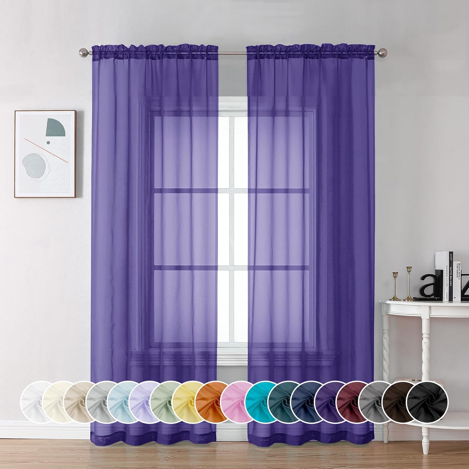 Chyhomenyc Purple Sheer Curtains 84 Inch Length 2 Panels, Light Filtering Soft Airy Voile Rod Pocket Sheer Window Drapes for Bedroom Living Room, Each 42Wx84L Inches