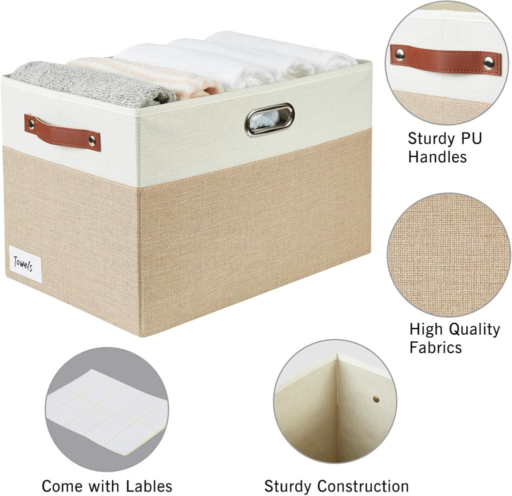 Large Collapsible Fabric Storage Bins with 3 Handles, Foldable Organizer Baskets for Closet, Shelves, Living Room | 3 Pack, Durable PU & Metal Handles (17"x11.8"x11.8", Beige & White)