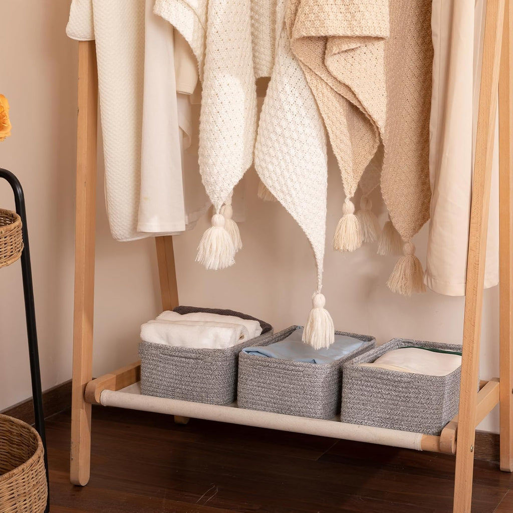 3 Pack Small Storage Baskets for Organizing, Cute Woven Decorative Gift Baskets for Shelves, Mini Closet Organizer Bins with Handles, 11.81''Lx7.87''Wx4.72''H-Grey