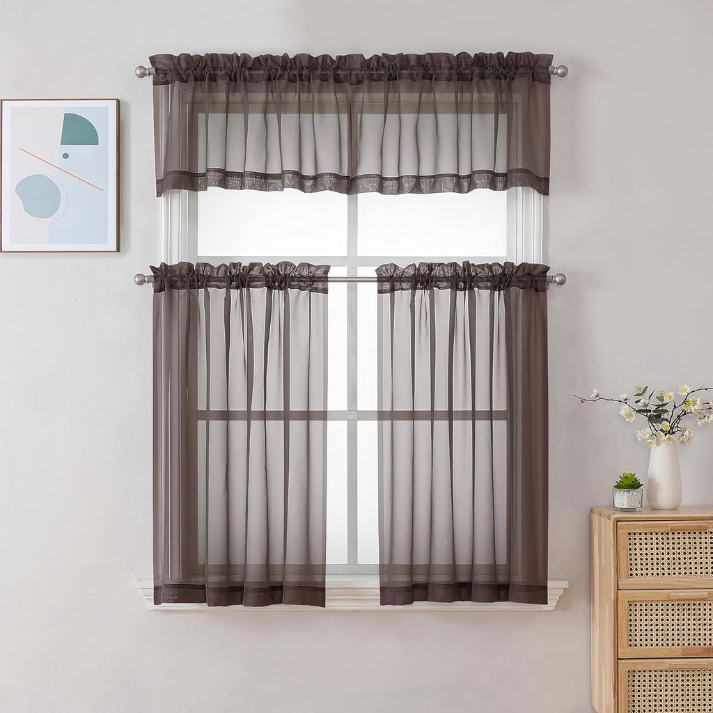 Chyhomenyc Sheer Chocolate Brown Tier Curtains 24 Inch Length, Small Window Curtains Treatment for Bathroom Living Room Basement, Short Rod Pocket Cafe Curtain, 42W x 24L Inches, 2 Panels
