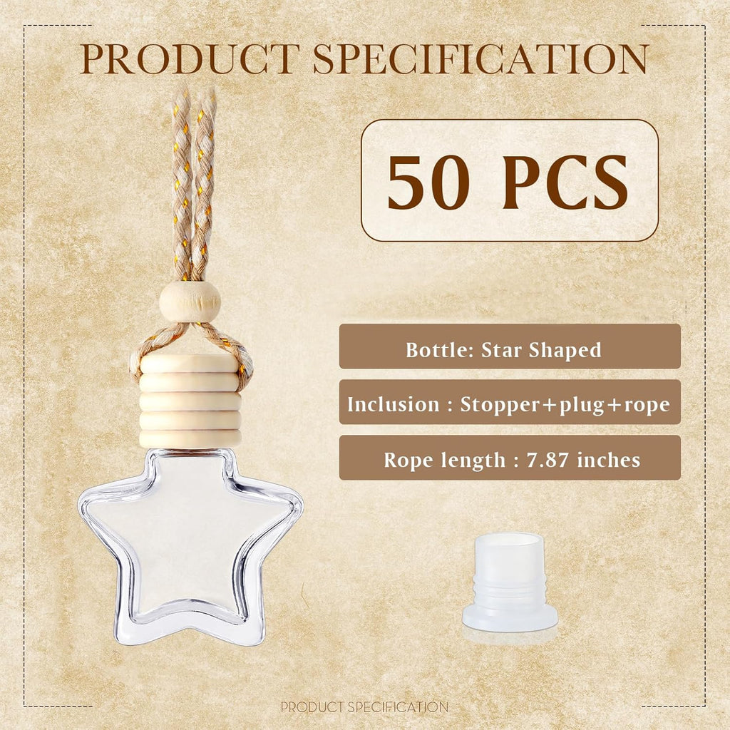 BBTO 50 Pcs Hanging Car Air Freshener Car Diffuser Bottles Empty Glass Perfume Bottle Freshener Diffuser Bottle Pendant for Essential Oil Fragrance Aromatherapy Bottle Ornament(Star)