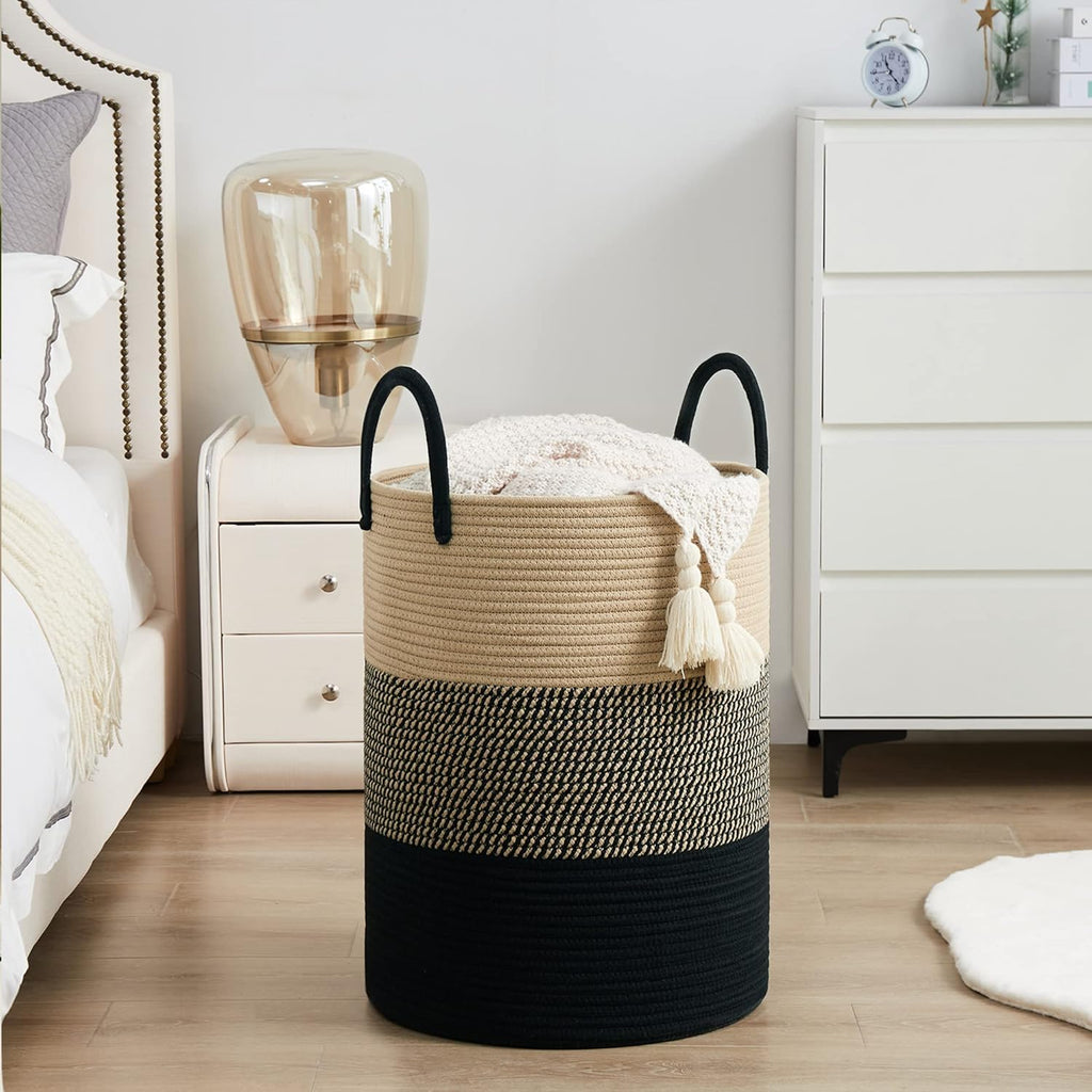 YOUDENOVA Woven Rope Laundry Hamper Basket, 100L Tall Laundry Basket, Baby Nursery Hamper for Blanket Storage, Clothes Hamper for Laundry in Bedroom-Extra Large-Black Brown