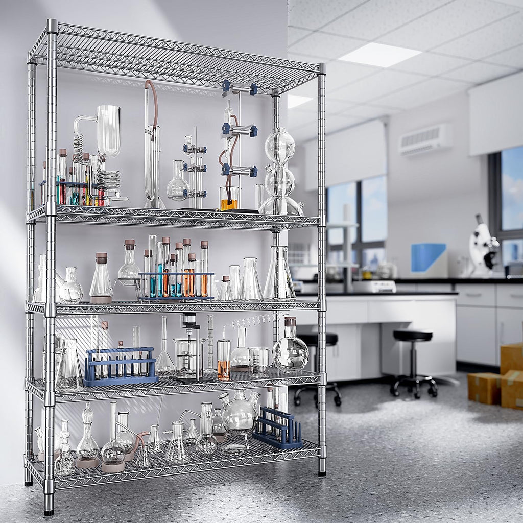 IZEUK 4250 LBS Garage Shelving Wide Storage Shelves 5 Tier Metal Shelves Heavy Duty Adjustable Utility Shelf Rack Chrome 17.7" D x 47.2" W x 70.4" H