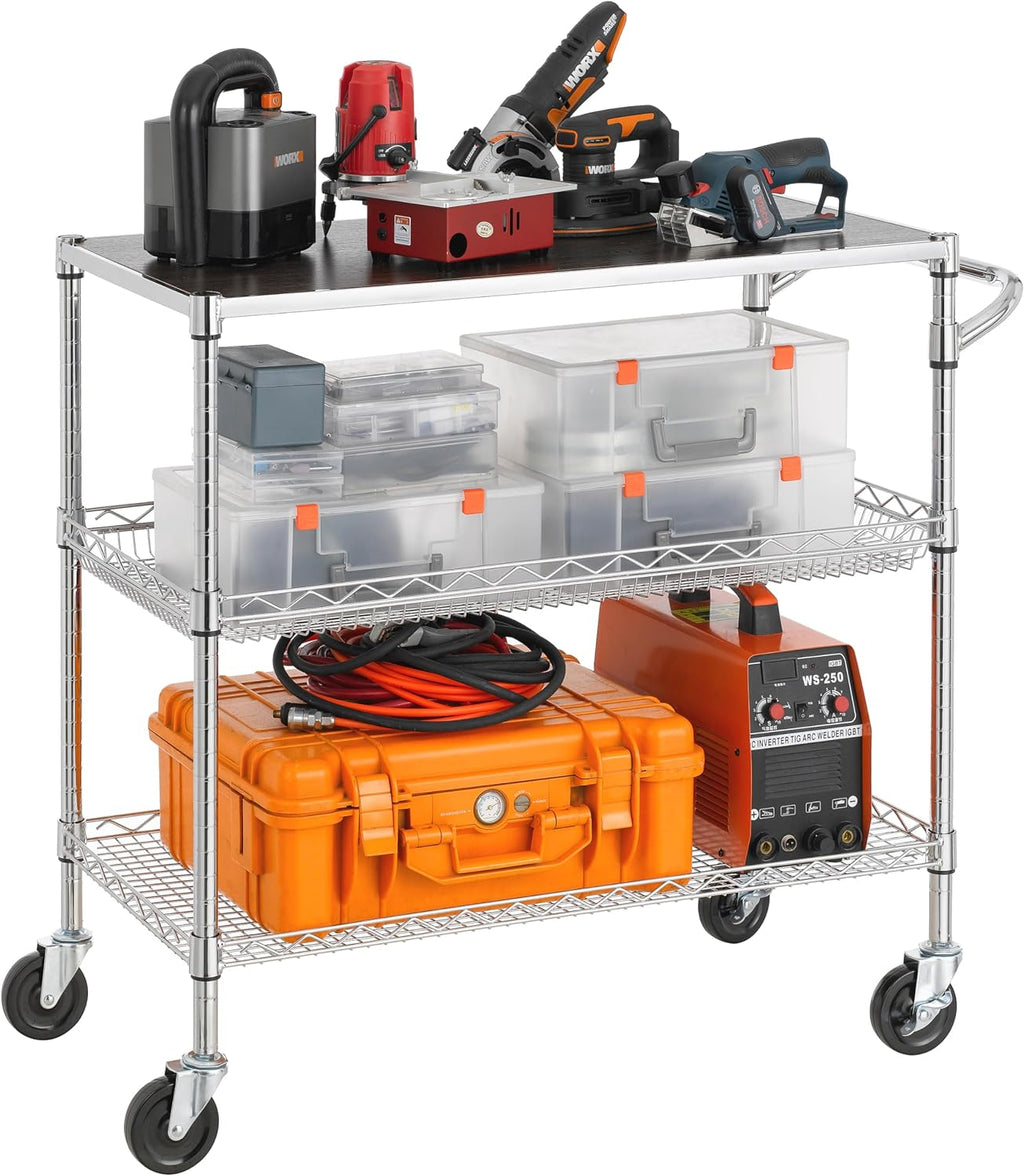 Finnhomy 3 Tier Heavy Duty Commercial Grade Utility Cart with Wood Top, Wire Rolling Cart with Wheels and Handle Bar, Kitchen Carts on Wheels, 18x36x35.4 H Metal Cart with 600 LBS Capacity, Chrome