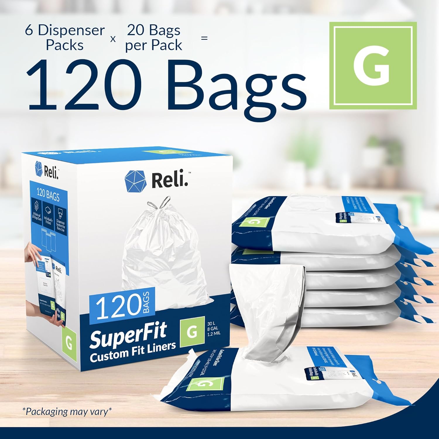 Reli. SuperFit Code G (120 Count) | Compatible with Simplehuman Code G | Dispenser Pack Custom Fit Liners | Drawstring Trash Bags | 30 Liter / 8 Gallon | White