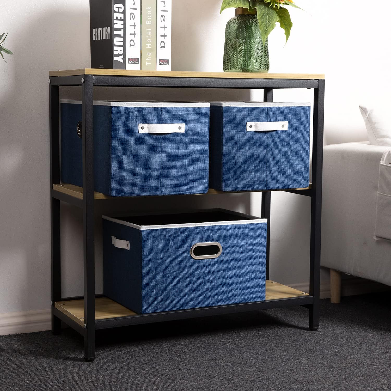 PRANDOM Larger Collapsible Storage Bins for Closet [3-pack] Decorative Linen Fabric Storage Baskets Cubes with Leather/Metal Handles for Living Room Royal Blue (17.3x12.2x10.4 Inch)