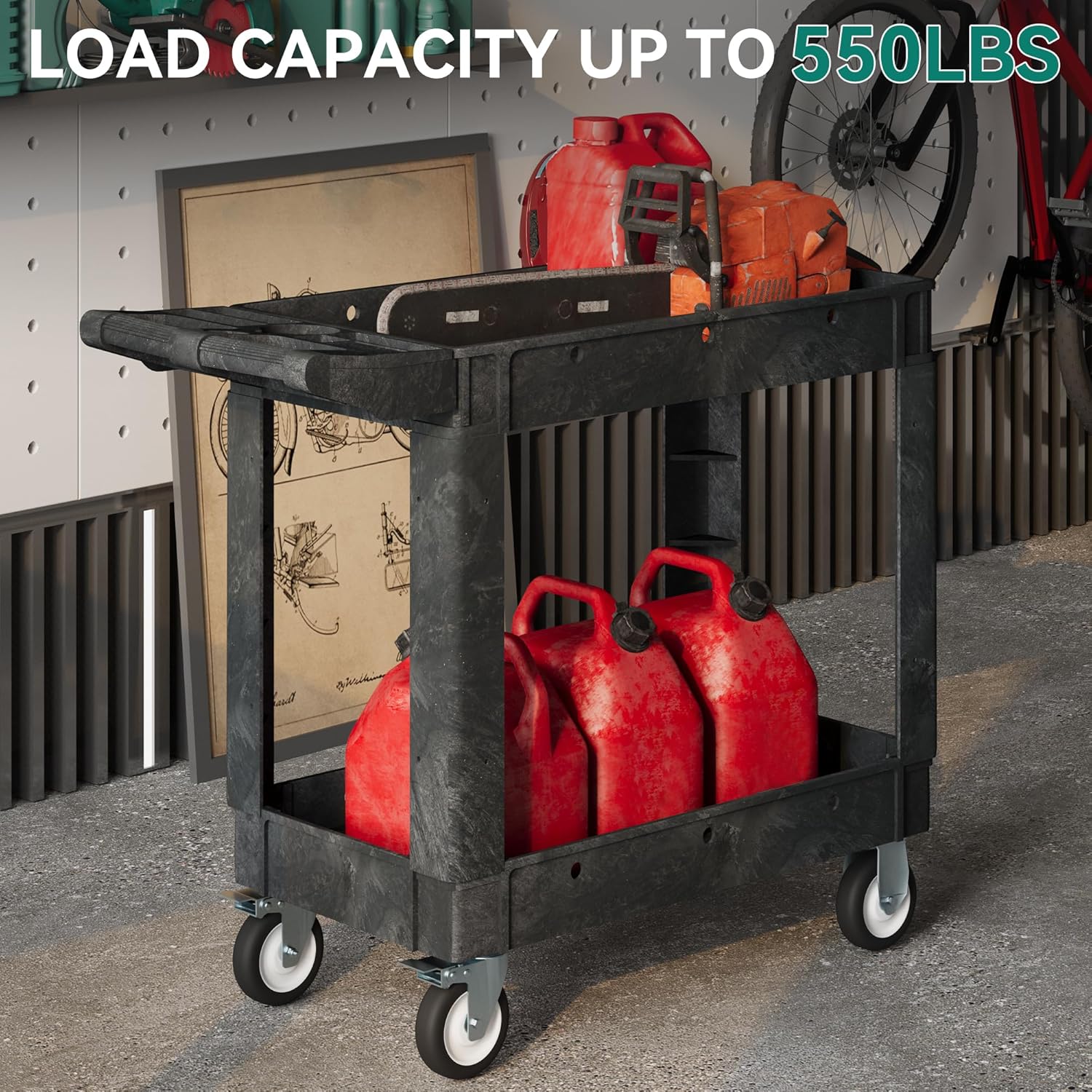 YITAHOME Utility Cart on Wheels, Plastic Tool Cart 550 lbs Capacity Service Cart, 40 x 17 Inch 2 Shelf Extra Heavy Duty Rolling Work Carts for Warehouse, Garage, School & Office, Cleaning, Black