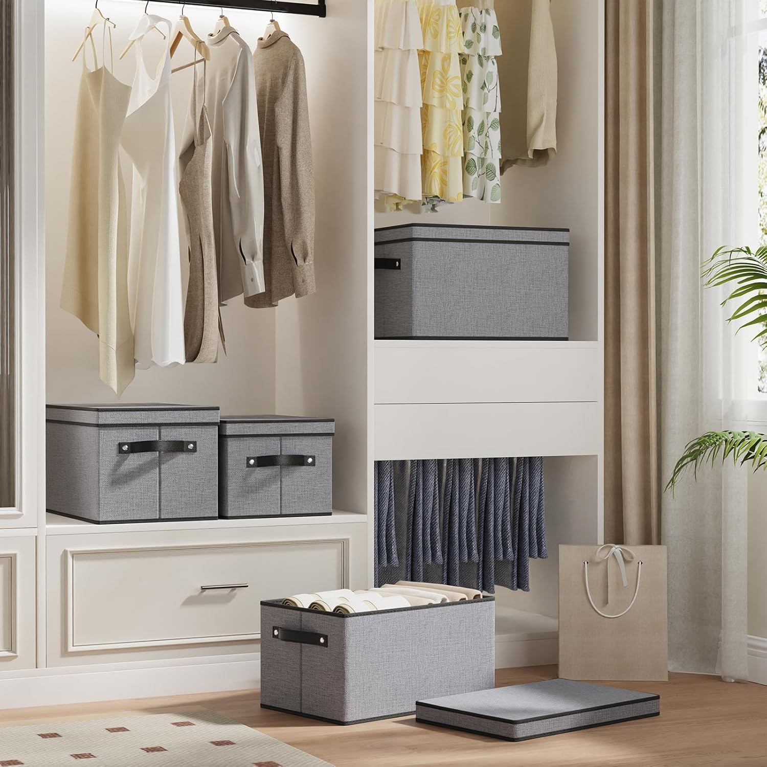 Clothing Storage Bins, Blanket Baskets for Shelves, Fabric Cubes with Handles and Lids, Decorative Linen Closet Organizers Boxes, Gray, 5 Pack, 16.5 x 11.8 x 10.2 Inch