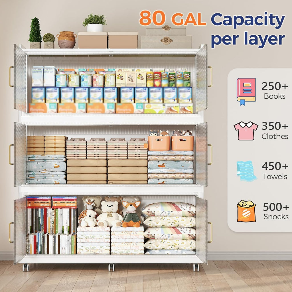 240GAL Extra Large Storage Bins with Lid, 960QT Collapsible Organizer with Wheels, Stackable Closet Cabinet with Doors, Folding Storage Containers for Home, Office, Dorm, 3Pack White