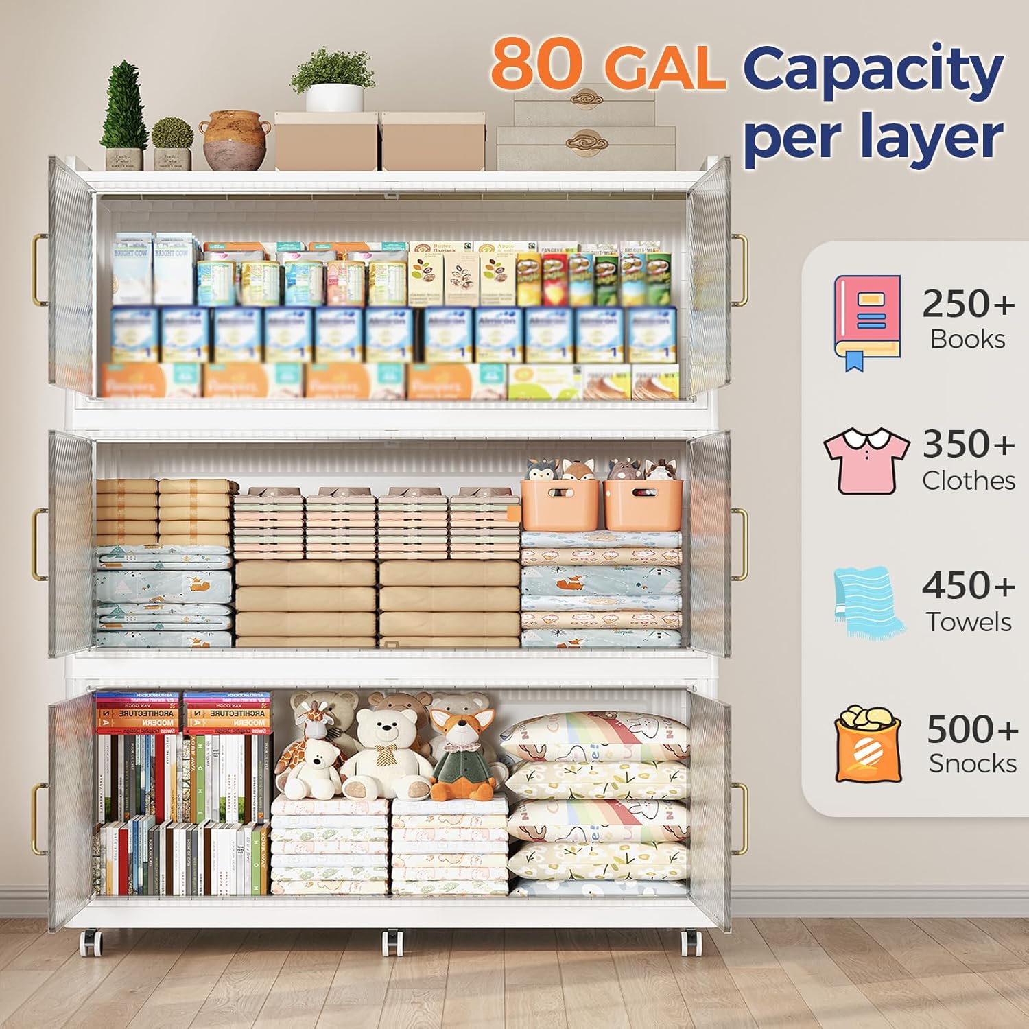 240GAL Extra Large Storage Bins with Lid, 960QT Collapsible Organizer with Wheels, Stackable Closet Cabinet with Doors, Folding Storage Containers for Home, Office, Dorm, 3Pack White