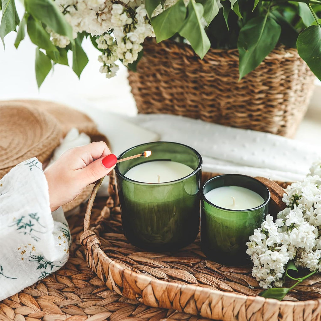 14 OZ Thick Candle Jars for Making Candles 12 Pcs, 3 Wick Empty Jars with Wood Lids for Candle Making, Sample Container,Clear Green