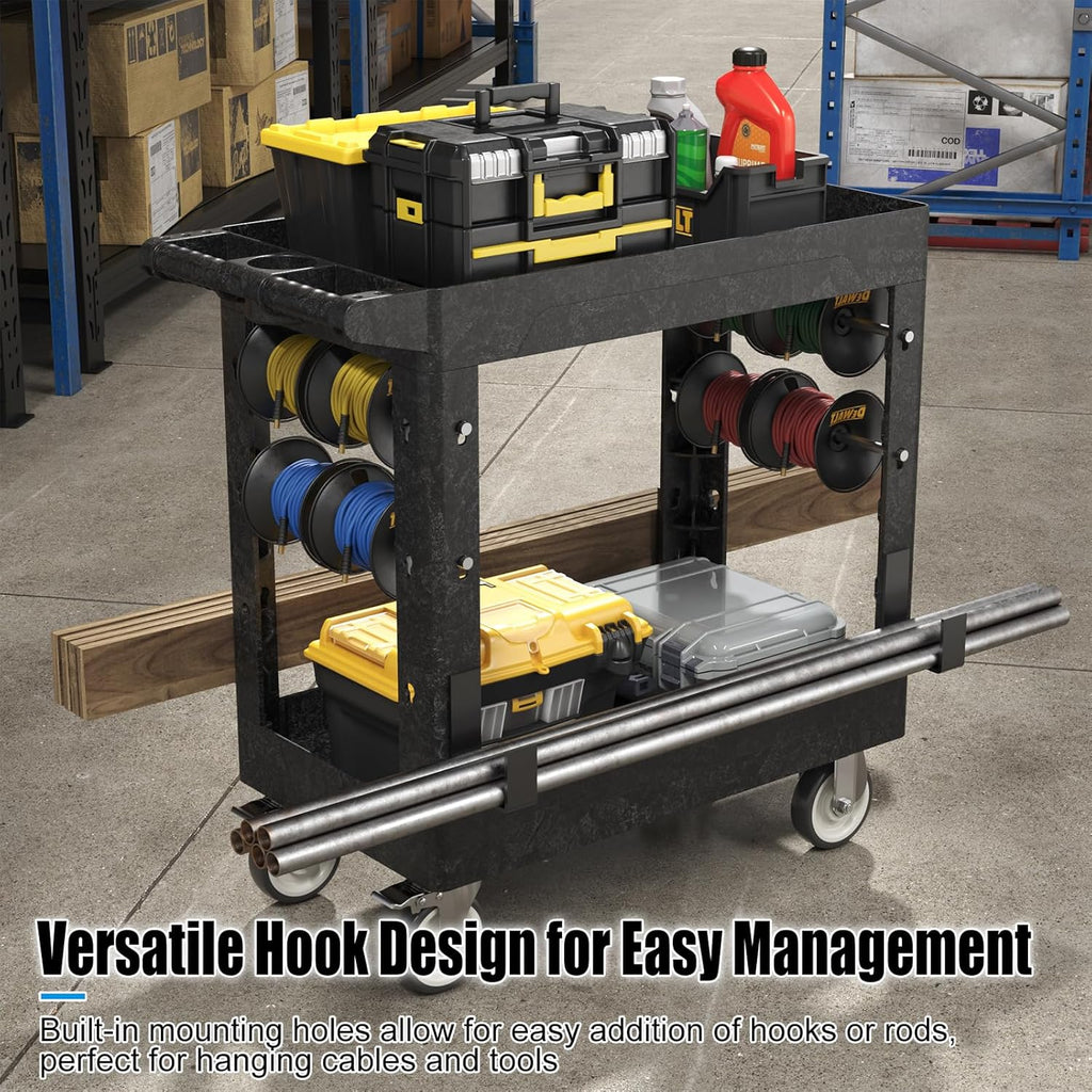 Large Garage Plastic Utility Cart, Heavy Duty 2 Shelf Tool Cart Service Cart Rolling Push Carts with Ergonomic Handle 5" Swivel Casters.