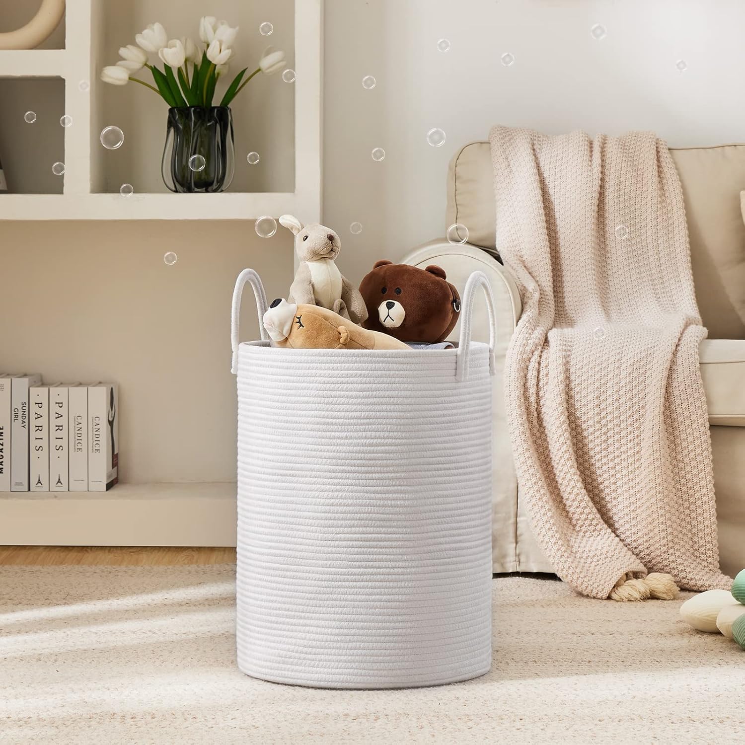 Woven Rope Laundry Hamper Basket by YOUDENOVA, 72L Tall Luandry Basket, Baby Nursery Hamper for Blanket Storage in Bedroom-Large-Pure White