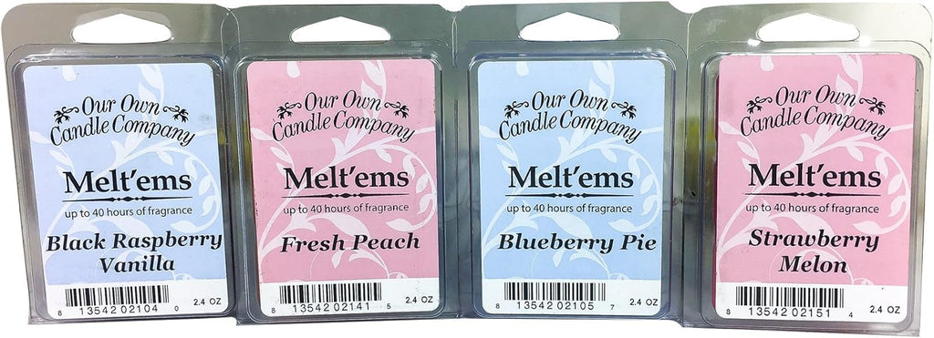 Our Own Candle Company Premium Wax Melt, Black Raspberry Vanilla, Blueberry Pie, Fresh Peach, and Strawberry Melon, Fruit Variety Pack, 6 Cubes, 2.4 oz (4 Pack)