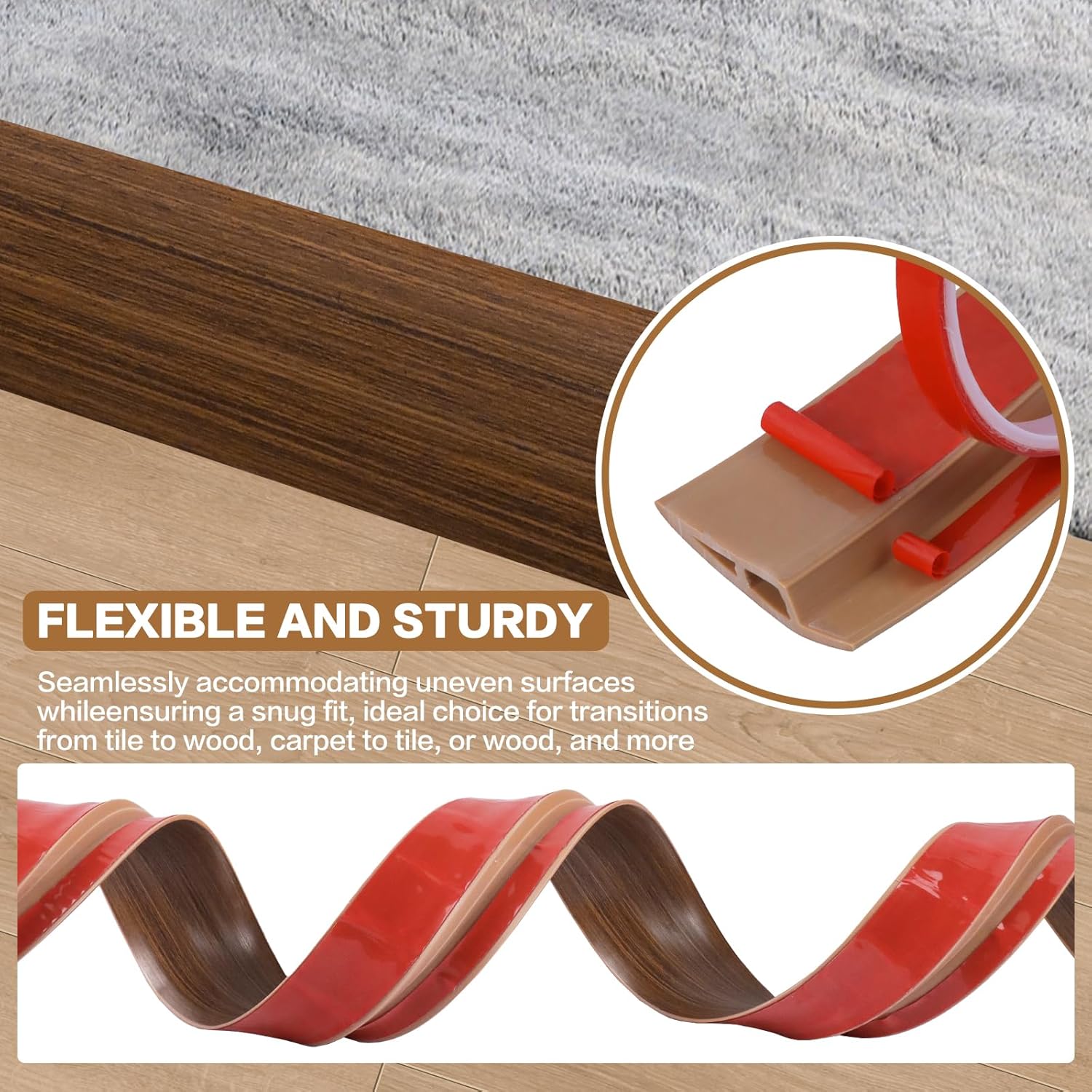 Floor Transition Strip Vinyl Door Threshold Ramp Self Adhesive Carpet Edging Strip Doorway Edge Trim, Overlap Edge Reducer for Laminate Carpet, Floor, Tile (Brown Wood Grain, 2/5" to 3/5", 3.3Ft)