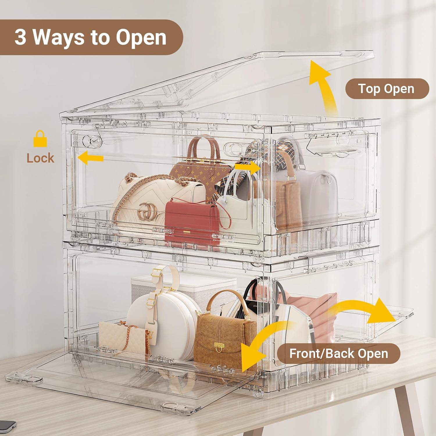 BROVIEW Clear Stackable Storage Bins Drawers, Open Front Large Plastic Storage Bins with Lids, Foldable Closet Organizers and Storage for Wardrobe Cabinets, Pantry, Makeup,3 Pack