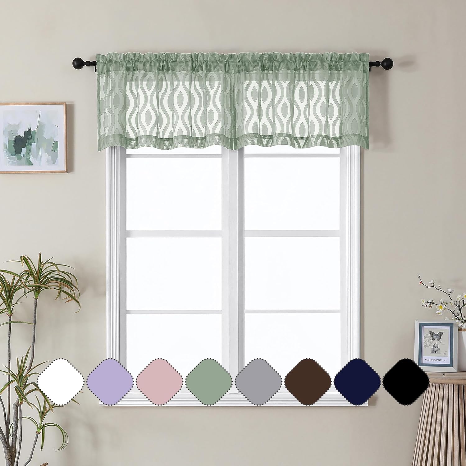 Aiyufeng Green Valance Curtains 14 Inch Length, Chic Wavy Line Clip Jacquard Sheer Curtains for Basement Bathroom Small Curtain, Lightweight Solid Rod Pocket Small Window Curtains, 2 PCS, 40Wx14L Inch