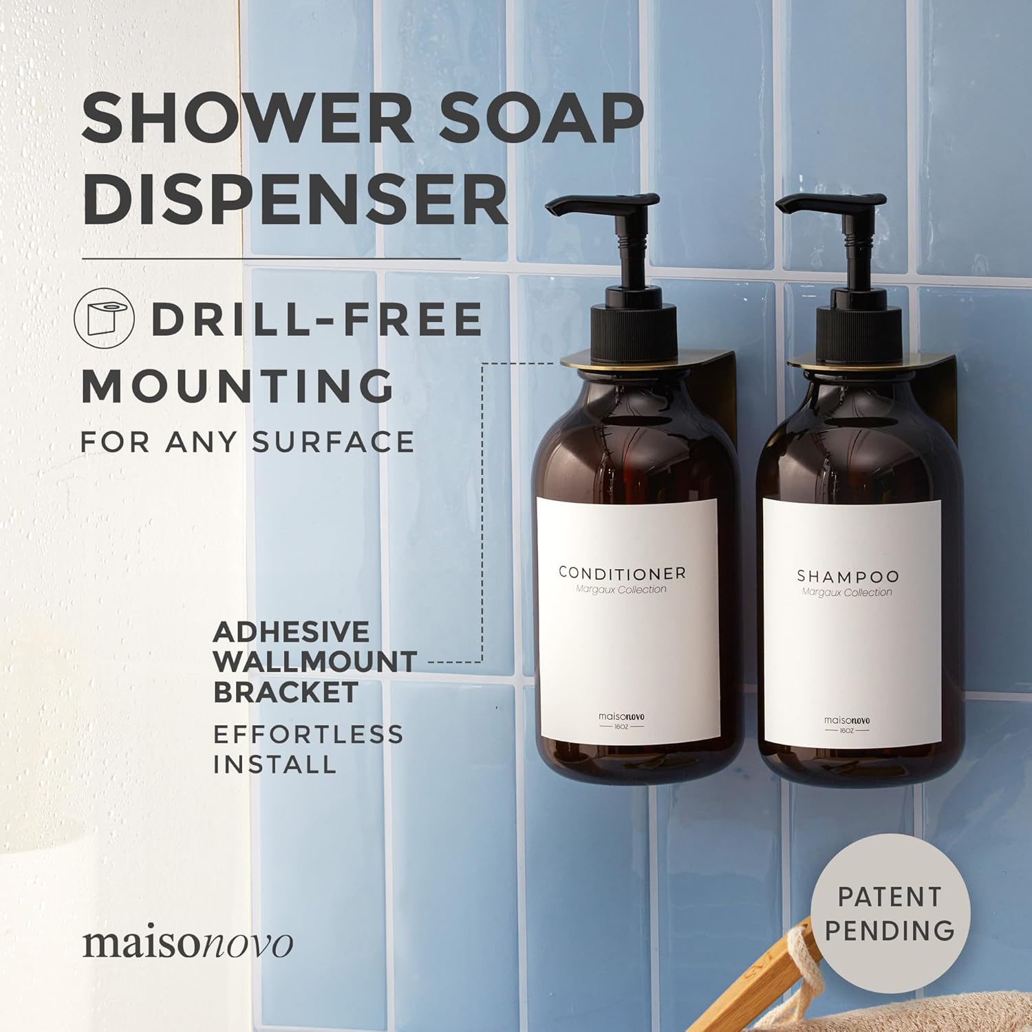 MaisoNovo Shampoo and Conditioner Dispenser - Shower Soap Dispenser Wall Mounted - 16.9 fl oz Set of 2 Amber Plastic Bottles Black Pump - 2 Chamber No Drill