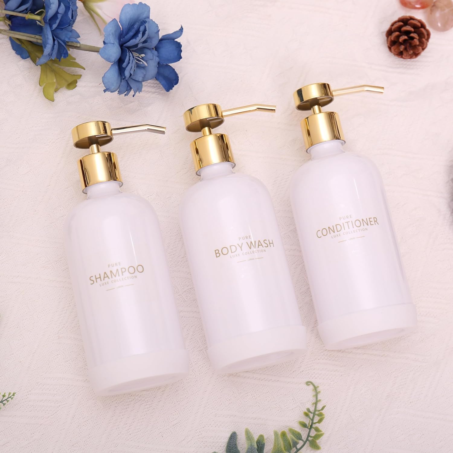 Shampoo and Conditioner Dispenser Set of 3,Refillable 20.5OZ Shampoo Bottles with Non-Slip Protective Silicone Pad,Shower Soap Dispenser with Waterproof Labels for Bathroom (White)