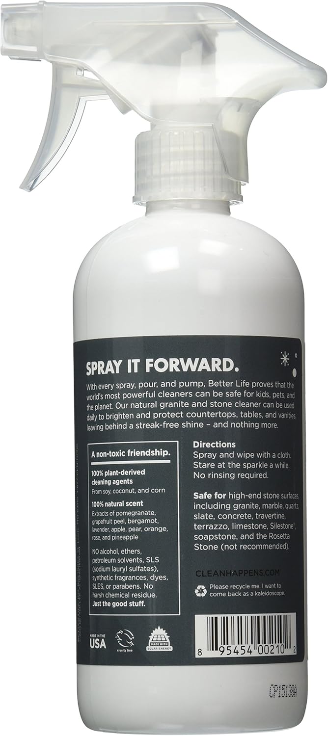 Better Life Granite Cleaner and Polish - Stone Countertop Cleaner for Marble, Quartz, Slate, Concrete Surfaces or Floors - Streak-Free Granite Stain Remover - 16oz Pomegranate & Grapefruit