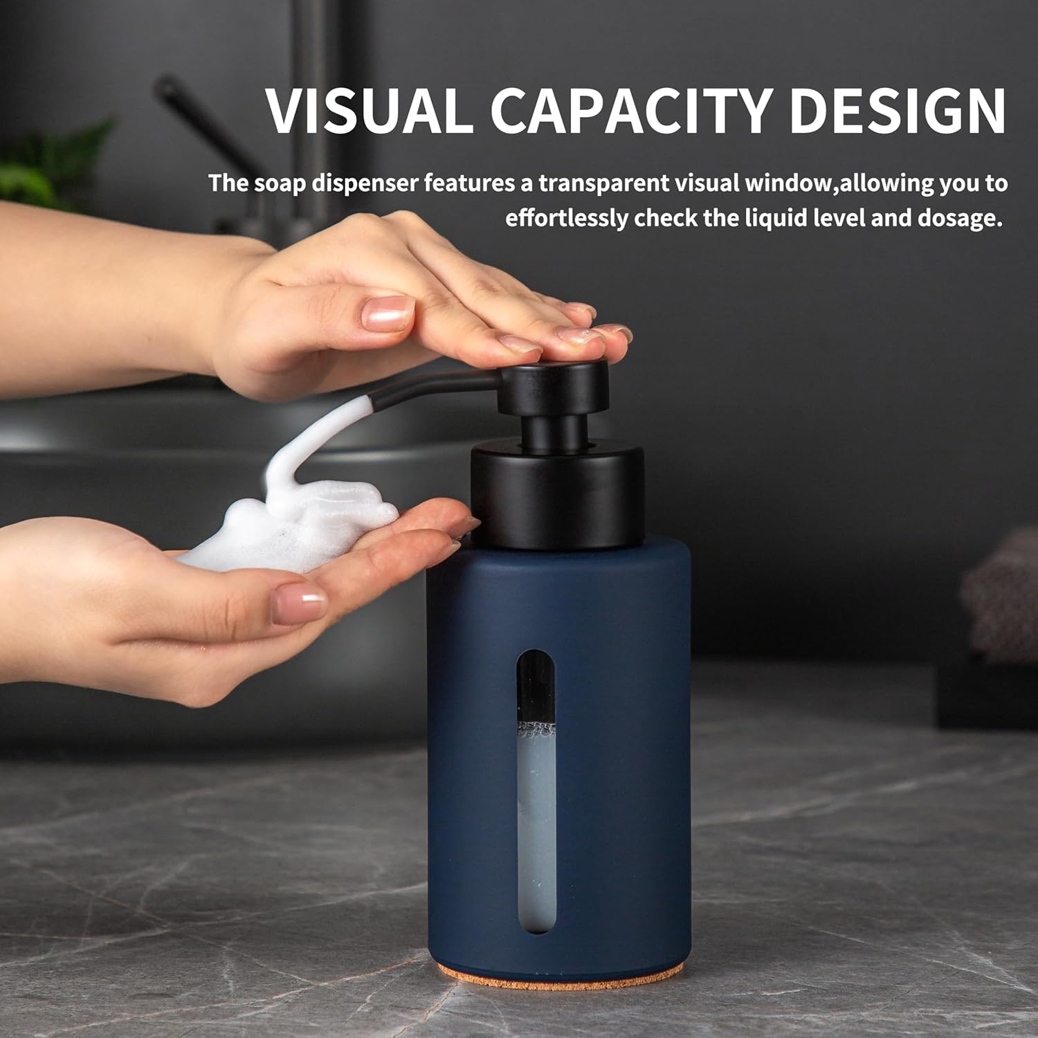 Enra Foaming Soap Dispenser with Window,12oz Blue Kitchen Soap Dispenser with Stainless Steel Hand Pump, Foam Modern Glass Refillable Bottle for Bathroom Kitchen (Blue Foam Dispenser)