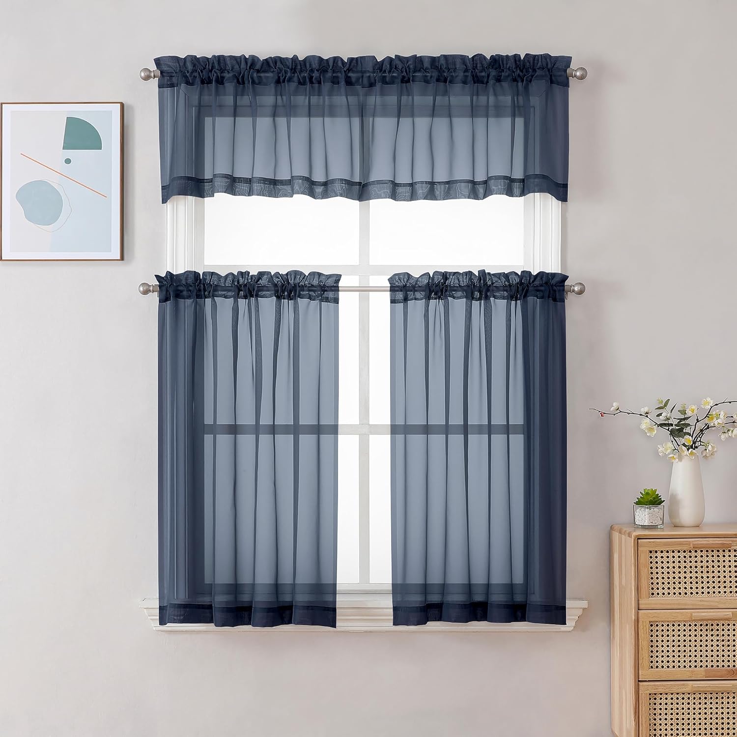 Chyhomenyc Sheer Window Valance Curtains, 42x14 Inches Light Filtering Valances Windows Treatment, Small Rod Pockets Voile Sheer Curtains for Living Room/Bathroom/Basement, Navy Blue, 2PCS