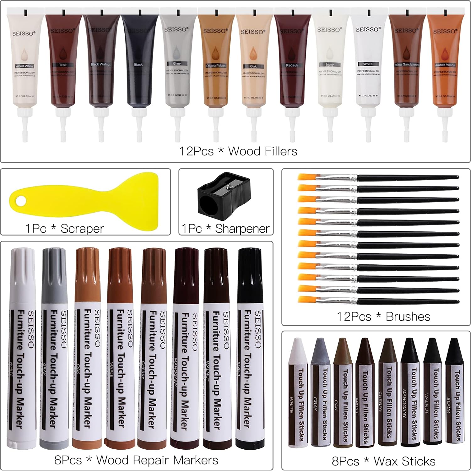 SEISSO Wood Furniture Repair Kit, 42 Pcs Wood Filler and Touch Up Markers with Wax Sticks, Vinyl Floor Repair Kit for Scratches, Cracks, Holes, Discoloration for Door, Stain, Floor, Table, Cabinet