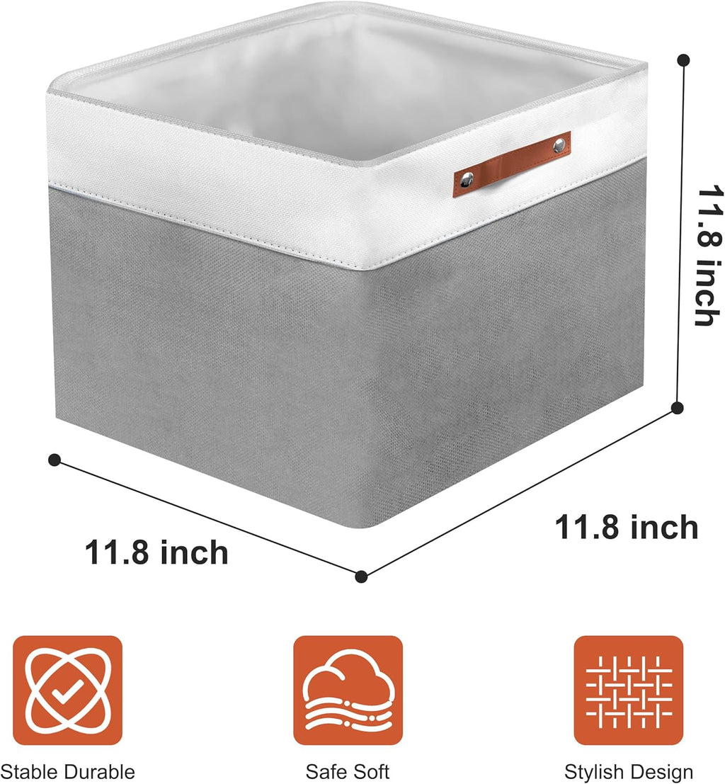 12in Open Fabric Storage Basket with Leather Handles for Organizing, Collapsible Linen Closet Bins for Shelves, Closets, Laundry, Decorative Basket for Gifts. (White＆Gray, 3PCS/12x12in)