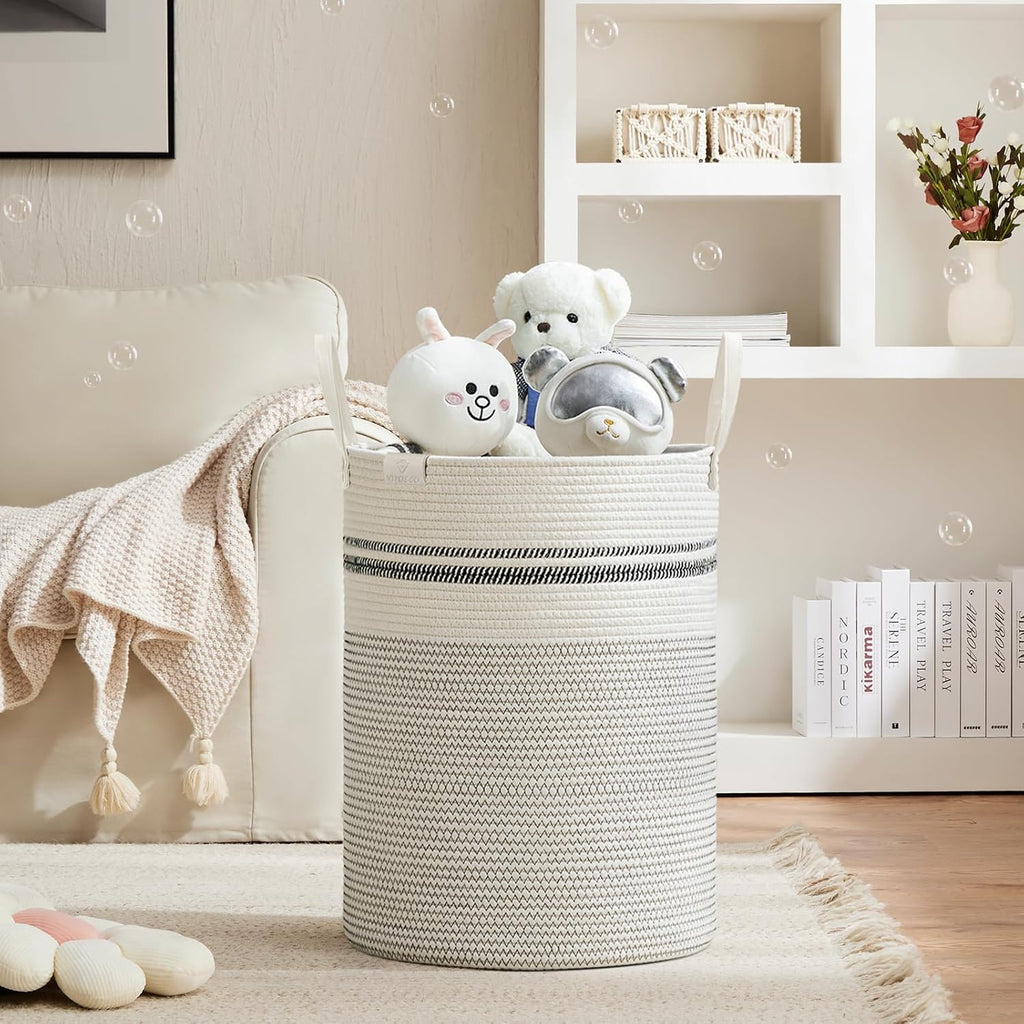 VIPOSCO Tall Laundry Basket, Large Dirty Clothes Hamper with Leather Handle, Woven Rope Storage Basket for Blanket, Toy In Living Room, Bathroom, Bedroom - 100L Stripe White