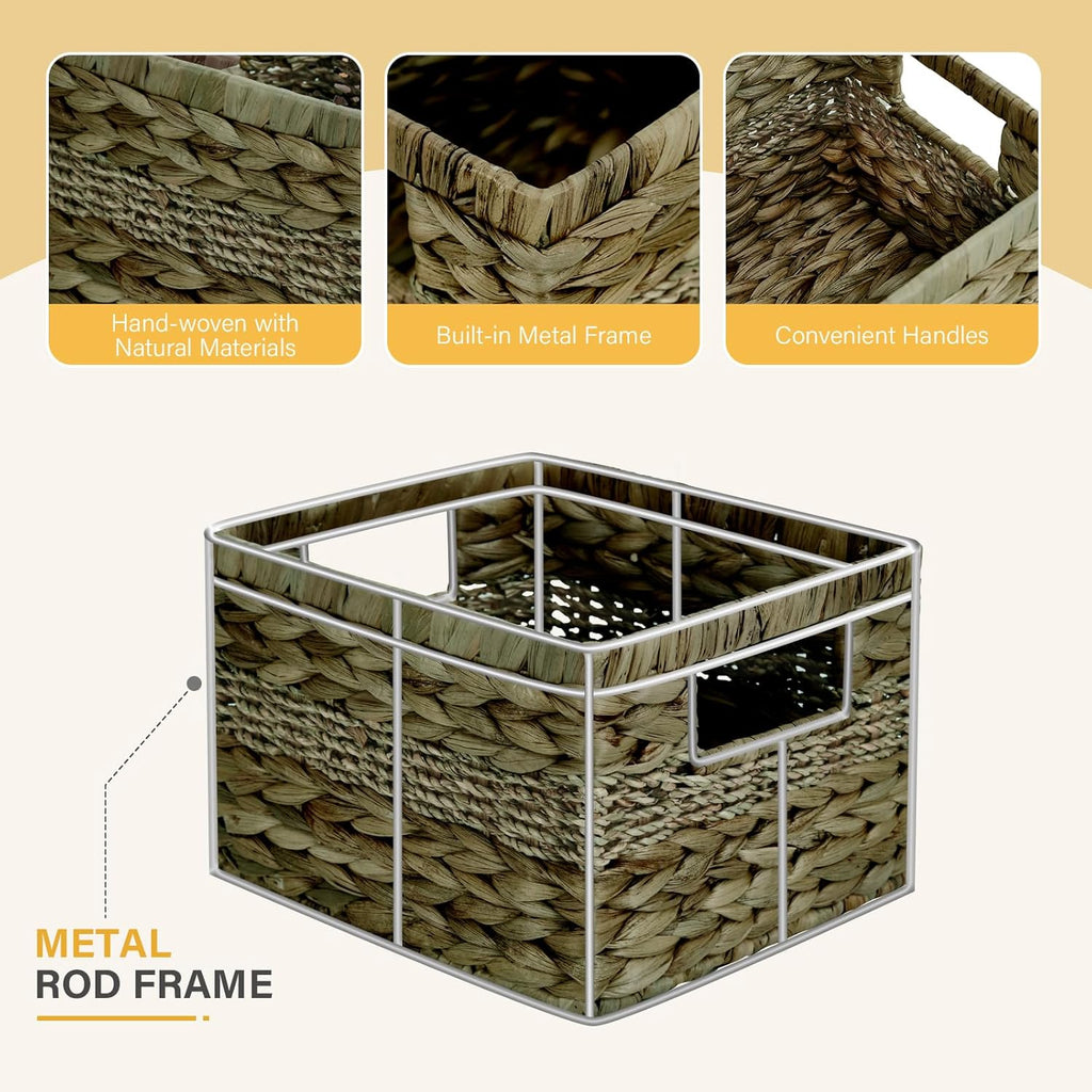 Water Hyacinth Wicker Basket, Decorative Woven Baskets with Built-in Handles, Hand-woven Storage Organizer for Organizing Pantry, Shelves, Livingroom, Bedroom, Toilet(2-PACK, Sage Green)