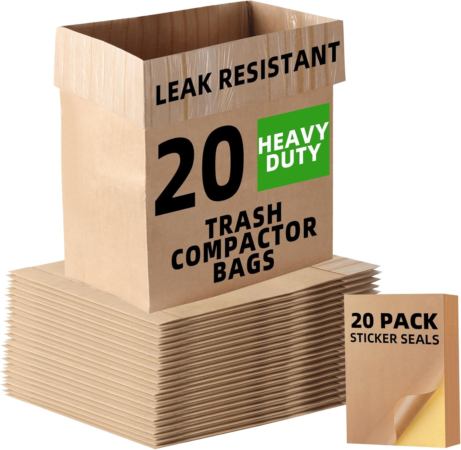 (20-Pack) Calvana Super Strong Compactor Bags, Heavy-Duty Kitchen Paper Trash Bags with Leak Proof Plastic Liner, Fits GE Model Compactors with Rectangular Containers, Includes 20 Sticker Seals