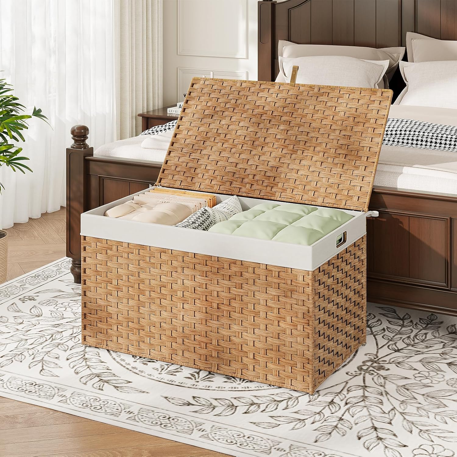 HOOBRO Storage Basket with Lid, 42.3 Gallon (160L) Wicker Basket, Handwoven Blanket Storage Basket with Handles, Metal Frame and Soft Lining, Foldable for Bedroom, Laundry Room, Natural NL216CW01