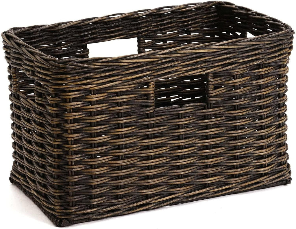 The Basket Lady Tall Rectangular Wicker Storage Basket, Small, 16.5 in L x 10.5 in W x 10.5 in H, Antique Walnut Brown