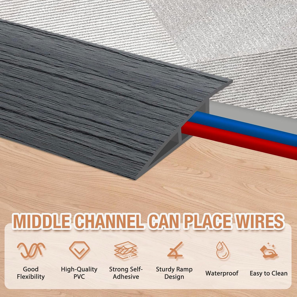 Floor Transition Strip Self Adhesive Vinyl Door Threshold for Doorways Carpet Edging Trim Overlap Edge Reducer for Laminate Floor, Carpet, Tile (Deep Gray Wood Grain, 3/5" to 4/5", 3.3Ft)