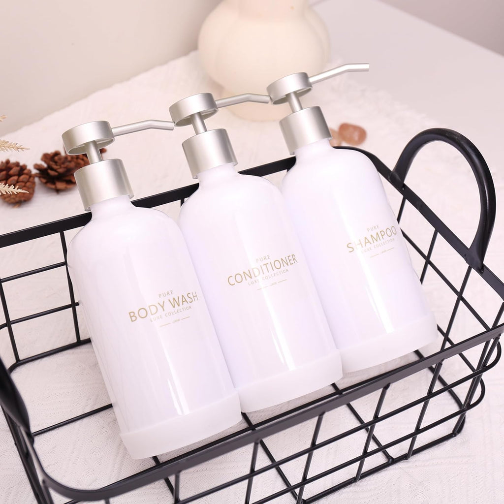 Shampoo and Conditioner Dispenser Set of 3,Refillable 21oz Shampoo Bottles with Non-Slip Protective Silicone Pad,Shower Soap Dispenser with Waterproof Labels for Bathroom (White)
