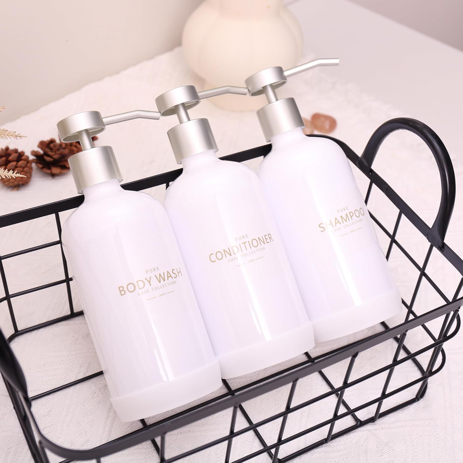 Shampoo and Conditioner Dispenser Set of 3,Refillable 21oz Shampoo Bottles with Non-Slip Protective Silicone Pad,Shower Soap Dispenser with Waterproof Labels for Bathroom (White)