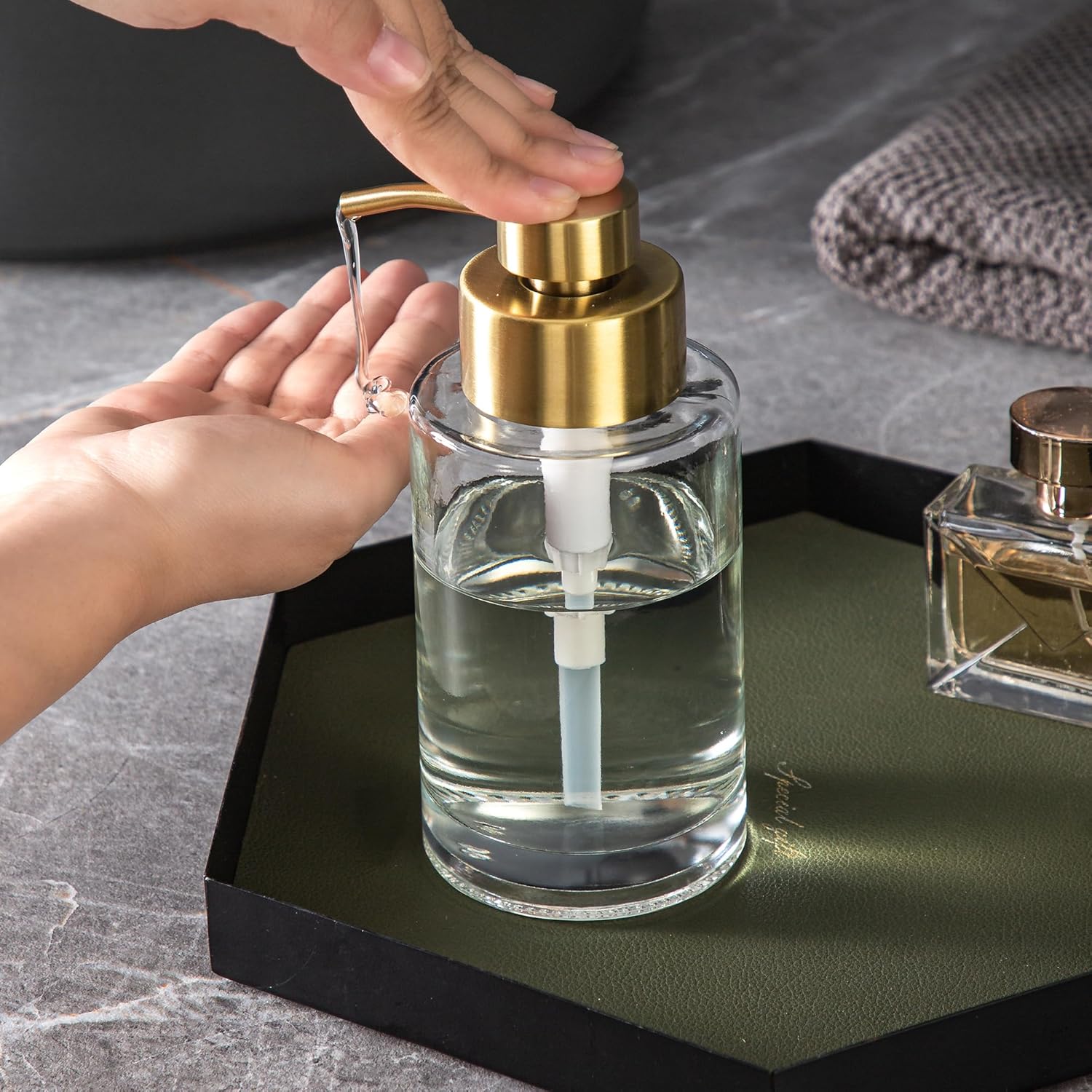 Enra Thick Glass Soap Dispenser with Stainless Steel Gold Pump,12oz Bathroom Hand Liquid Soap Dispensers,Lotion Dispenser,Soap Dispenser for Bathroom,Kitchen(Clear/Gold Liquid Type)