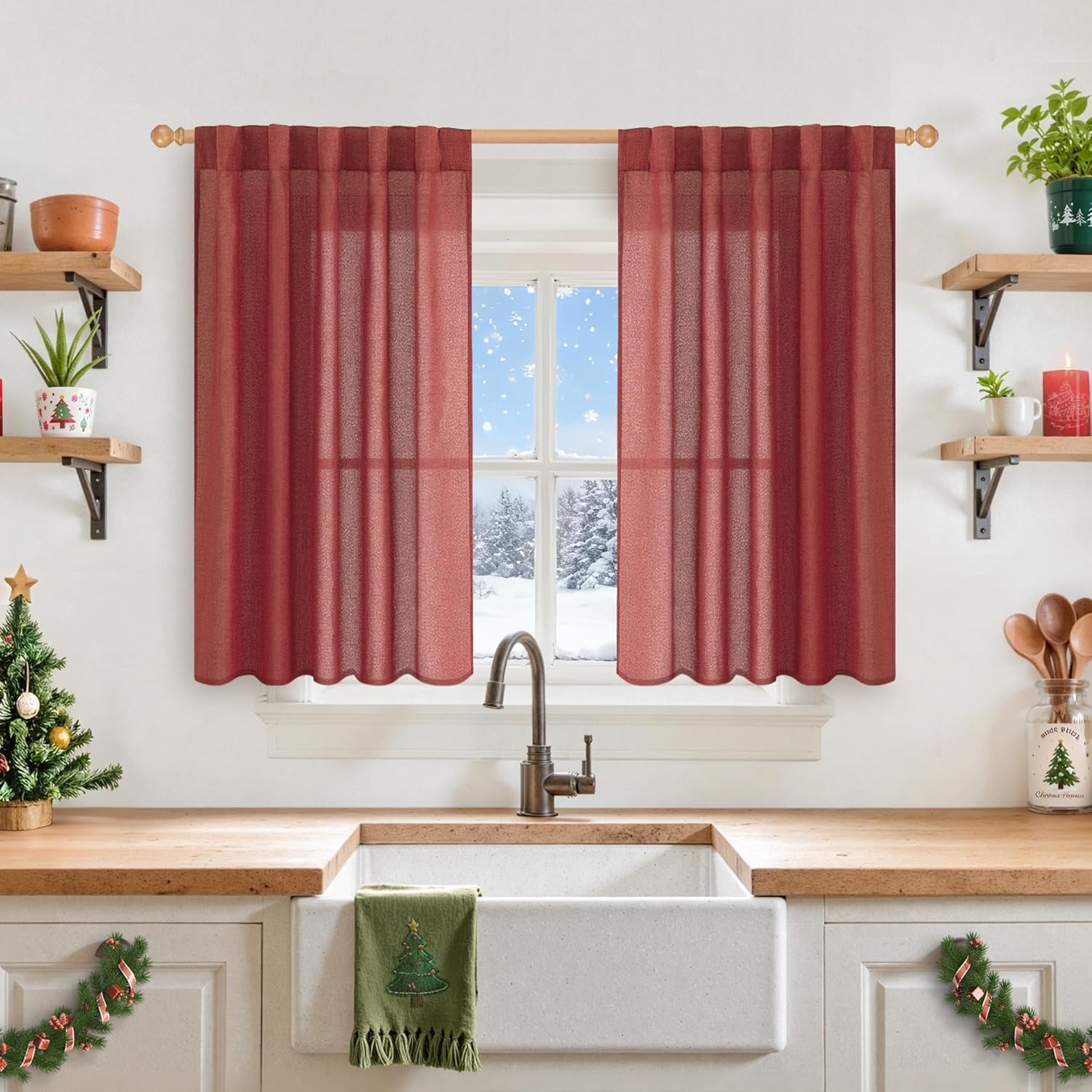YoungsTex Red Linen Curtains 40 Inch Long for Kitchen, Small Semi Sheer Drapes with Rod Pocket Back Tab Light Filtering Christmas Decor for Bathroom Cafe Short Window, 2 Panels, 42 X 40 Inch