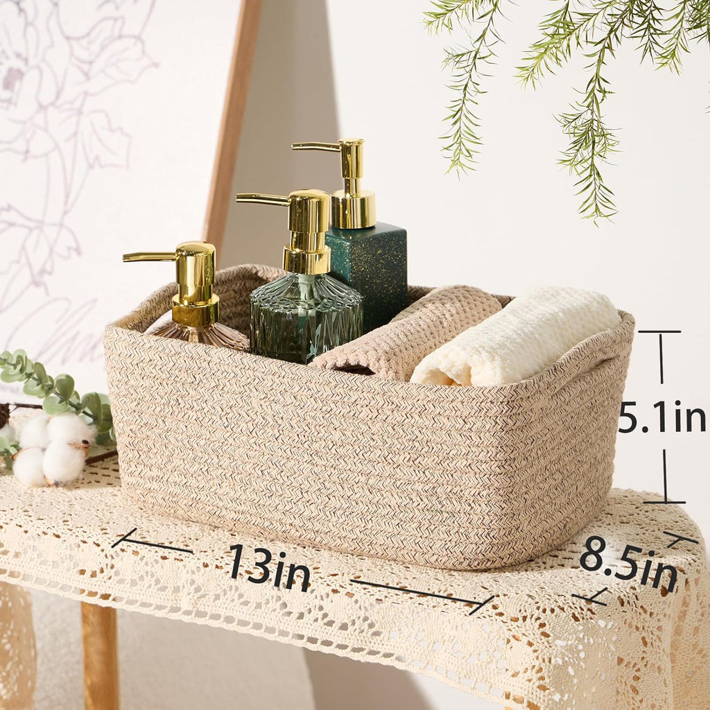 Small Storage Baskets for Organizing | Closet Organizer Bins | Shelf Toy Basket | Woven Rope Baskets | Cube Decorative Box | Shallow Basket | 13x8.5x5.1” | 3 Packs Mixed Brown