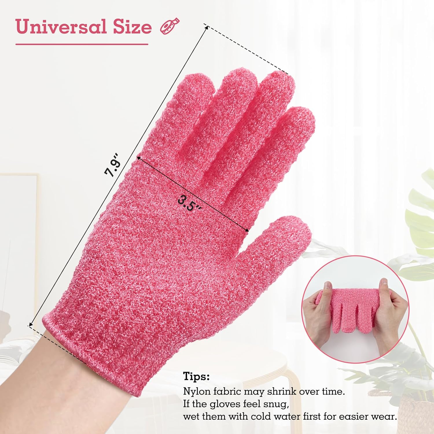 Evridwear Exfoliating Gloves for Shower, 100% Nylon Thick Soft Medium Heavy Bathing Gloves Dead Skin Remover Body Scrubber Smooth Skin with Hang Loop, 3 Pairs Heavy Hot Pink