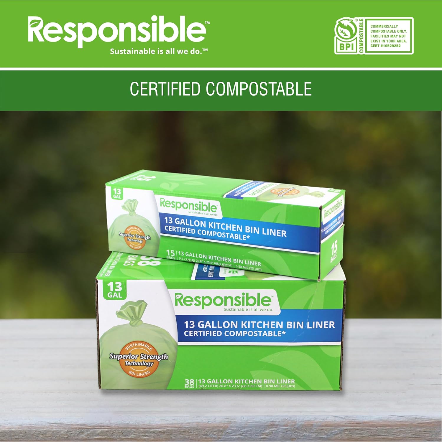 Responsible Products Kitchen Bin Liners, Certified Compostable, Heavy Duty Multipurpose Food Scrap Bags, Made from Compostable Materials (13 Gallon, 13 Gallon (38 Count))