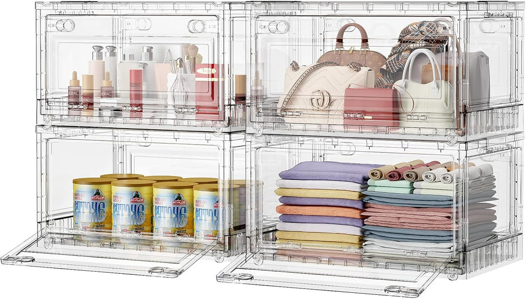 BROVIEW Clear Stackable Storage Bins Drawers, Open Front Large Plastic Storage Bins with Lids, Foldable Closet Organizers and Storage for Wardrobe Cabinets, Pantry, Makeup,4 Pack