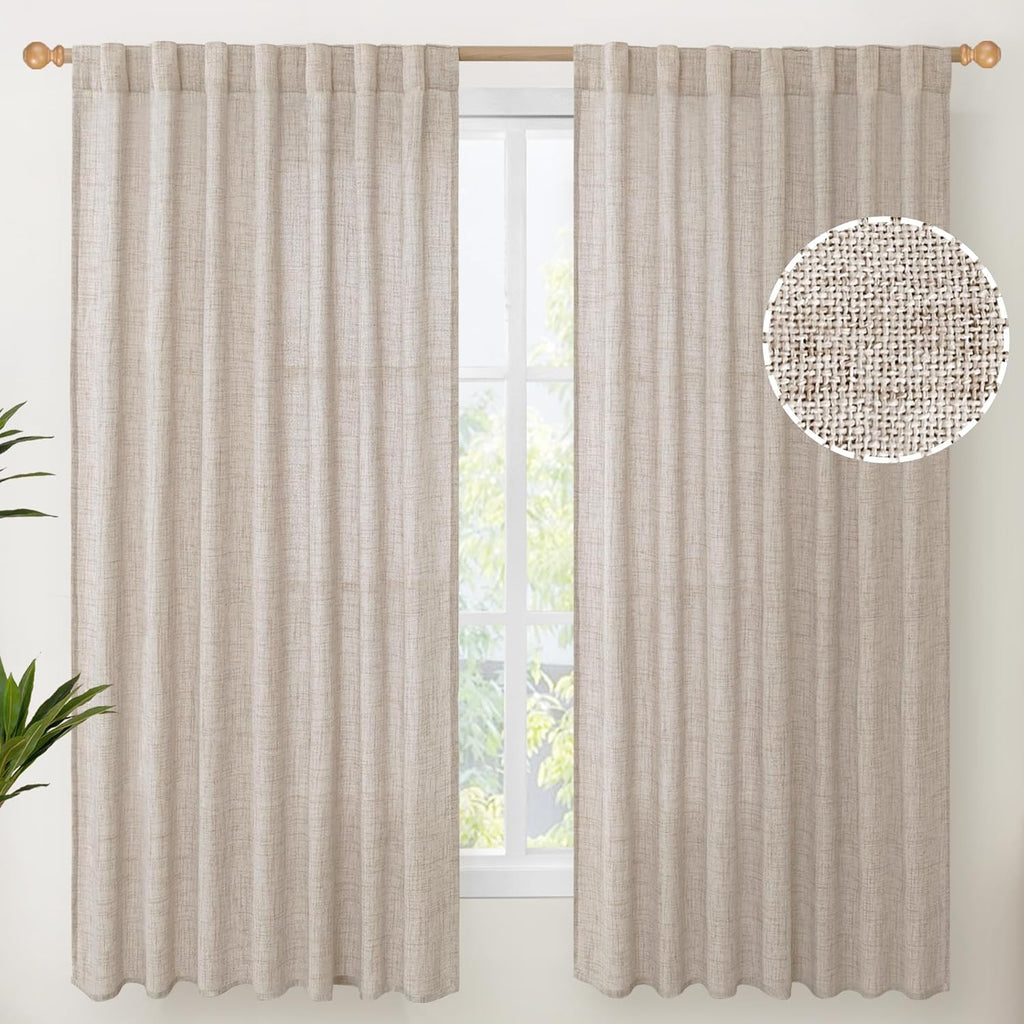 YoungsTex Natural Linen Curtains 60 Inch Wide Back Tab Textured Window Drapes 63 Inch Window Length for Living Room Light Filtering, 2 Panels
