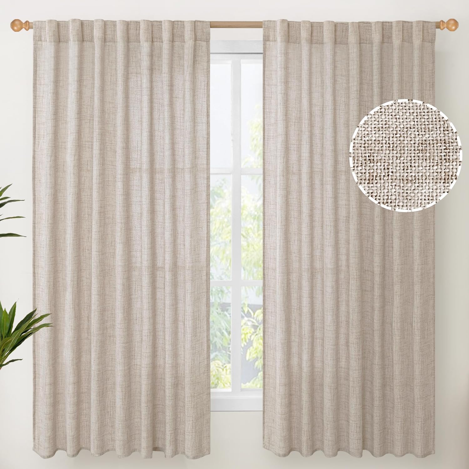 YoungsTex Natural Linen Curtains 60 Inch Wide Back Tab Textured Window Drapes 63 Inch Window Length for Living Room Light Filtering, 2 Panels