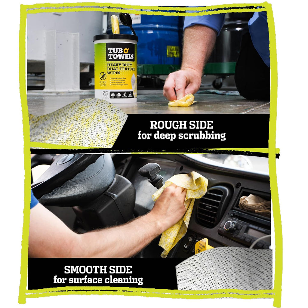 Tub O’ Towels TW75 Heavy-Duty 10" x 12" Size Multi-Surface Cleaning Wipes, Dual Texture, 75 Count Per Canister, 6 Pack