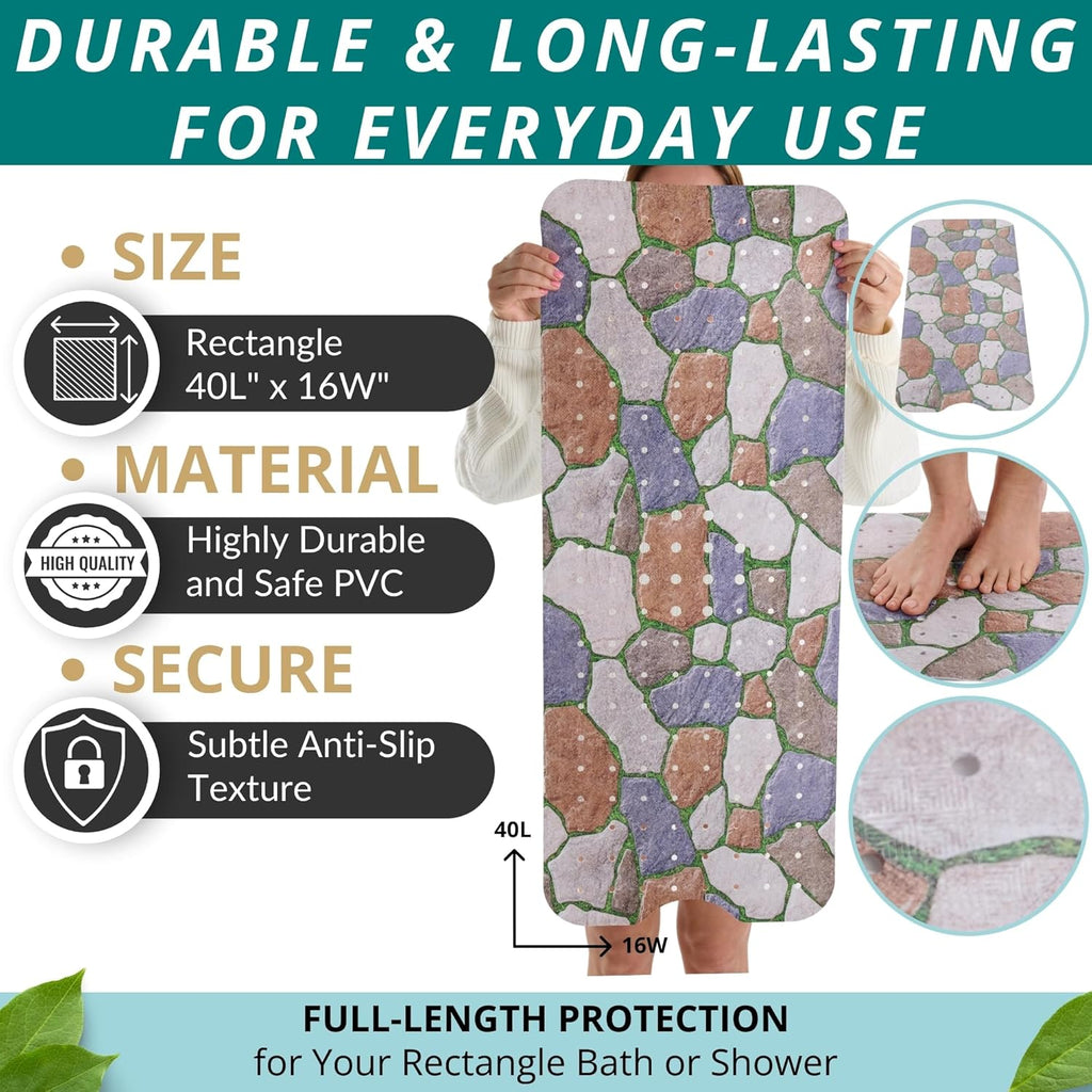 ENKOSI Bath Mat – Large 40 x 16 Inch Non-Slip Bathtub Mat with Secure Suction Cups & Drain Holes – Extra Long Bathroom Shower Mat for Tub with Stone Path Design (40x16 Stone Path)
